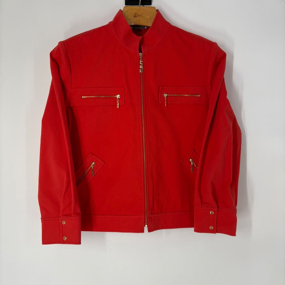 St John Sport Marie Gray Orange Stretch Twill Jacket L Gold‎ Hardware Designer